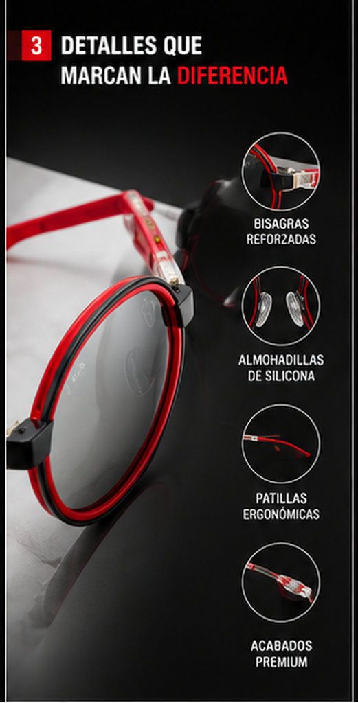 Gafas de Sol Redondas Marco Rojo Racing Premium - detalles