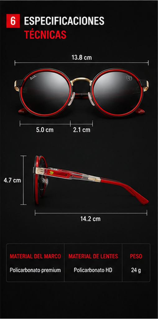 Gafas de Sol Redondas Marco Rojo Racing Premium - especificaciones técnicas