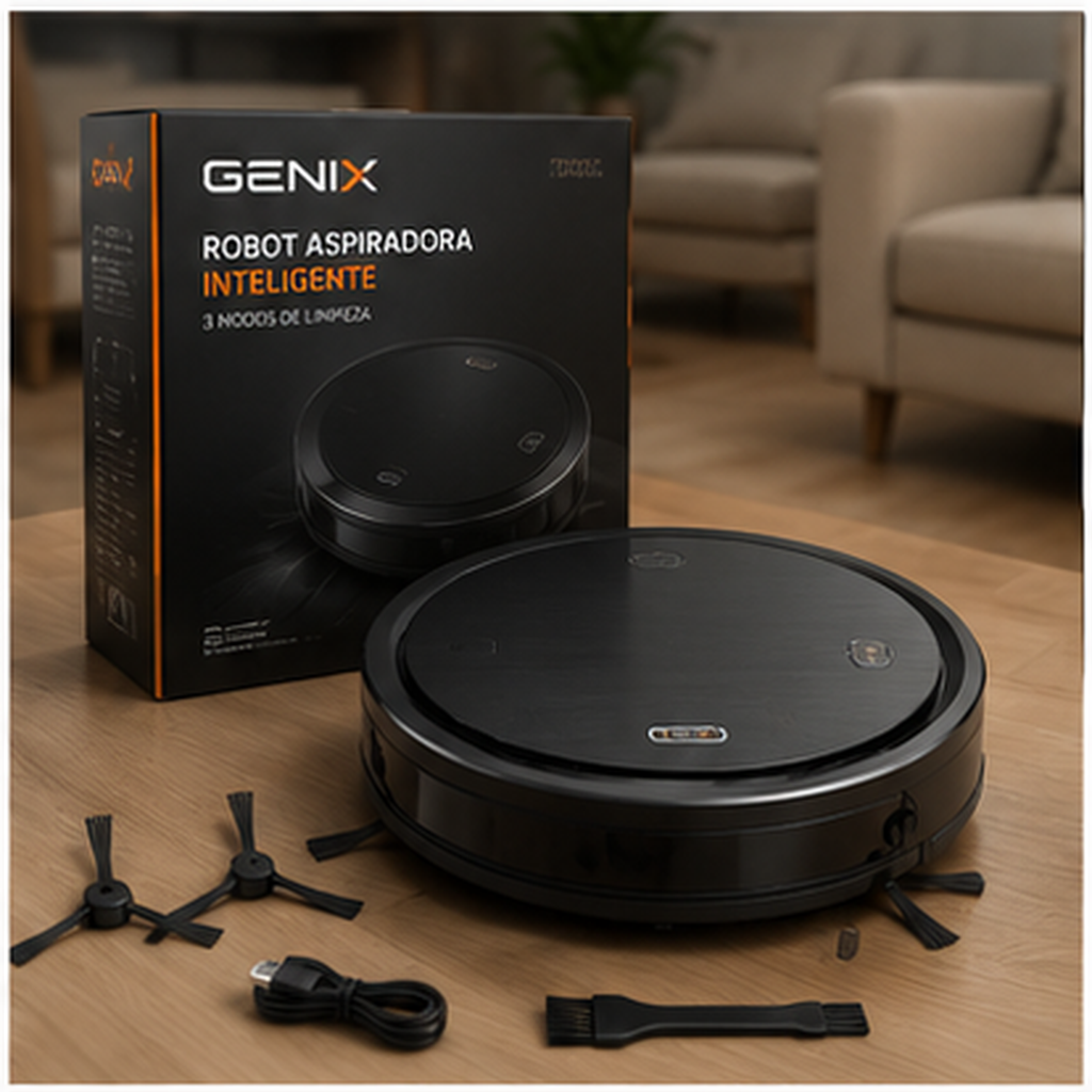 Robot aspiradora automático inteligente Genix - producto y empaque